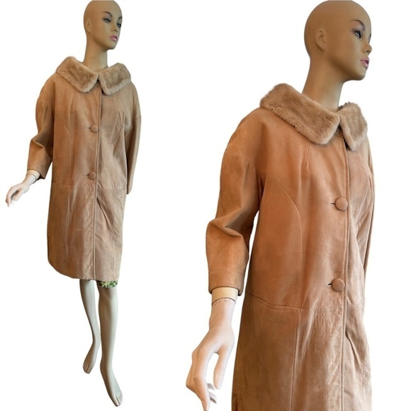 Vintage Jackets & Blazers - Vintage Suede Button Front Coat Fur Collar